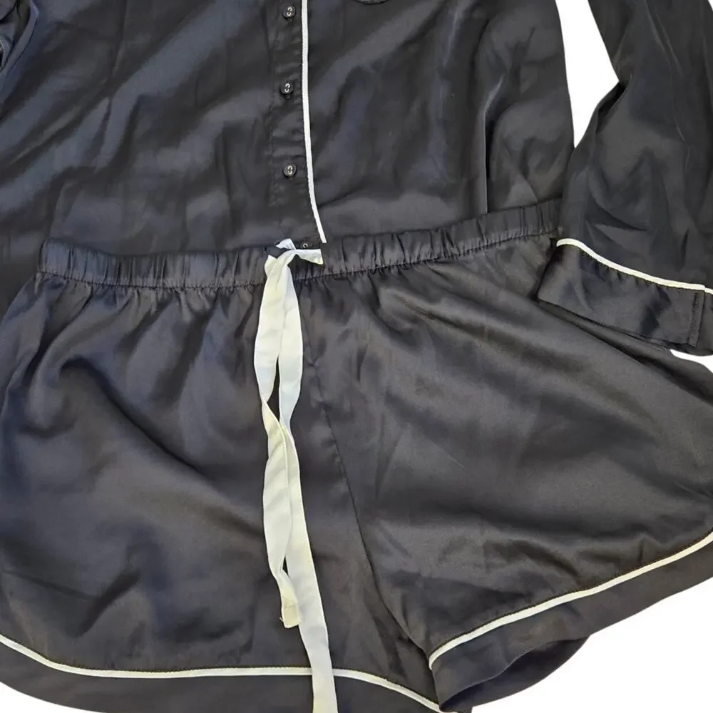 Satin Chic Pajama Set BLK/White Piping Button‑Up Top & Drawstring Shorts Medium